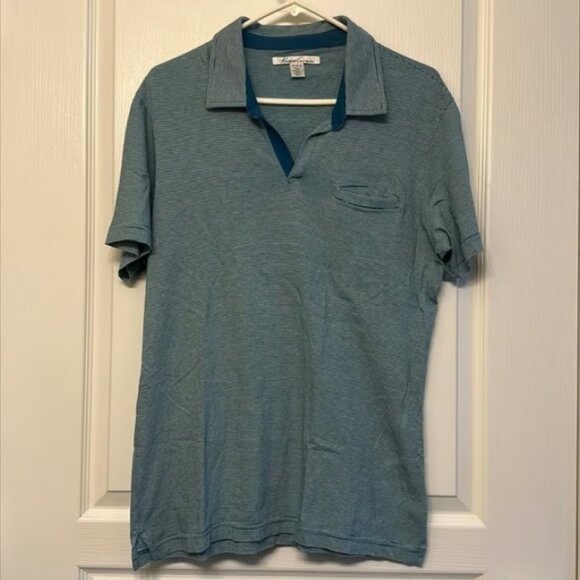 Kenneth Cole New York Teal Stripe Polo Shirt w/ Front Pocket Medium #M-364 - Picture 4 of 4